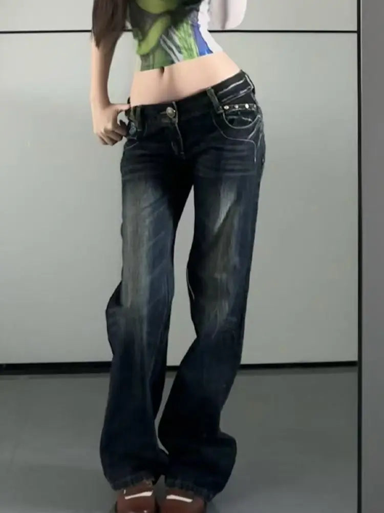 American Fashion High Street Large Size Butterfly Embroidered Women Jeans Y2K Millennium Harajuku Slim Flared Jeans