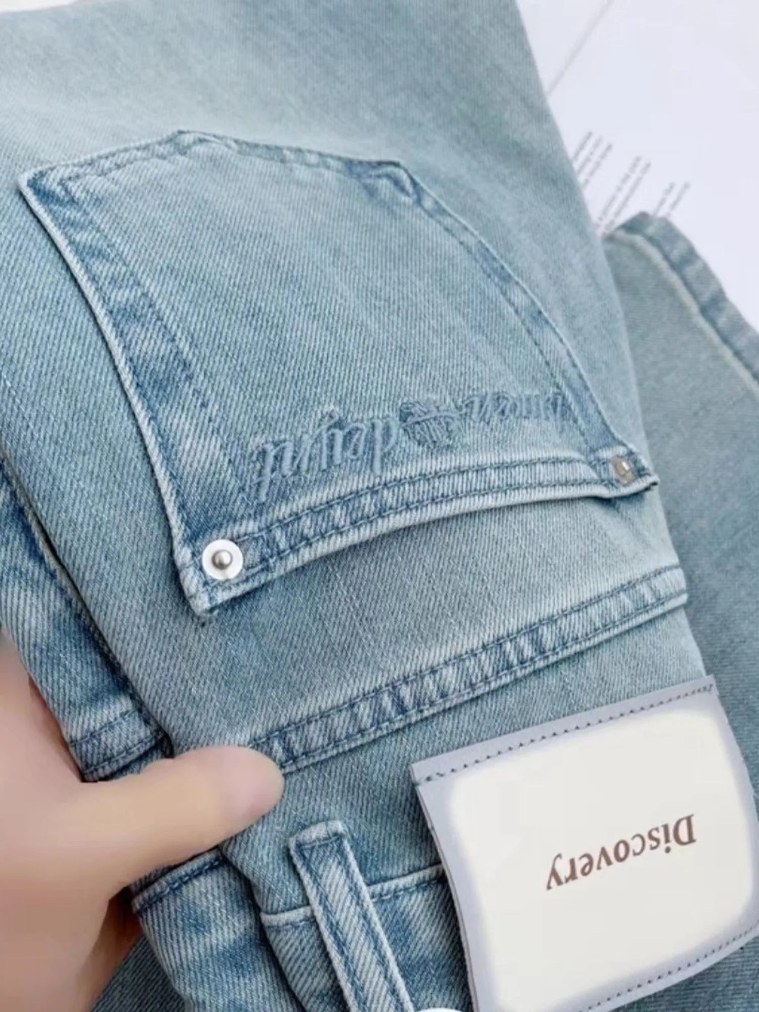 Women's Washed Denim Jeans Light Blue Distressed Straight Leg Pants Classic 5-Pocket Stretch Jeans