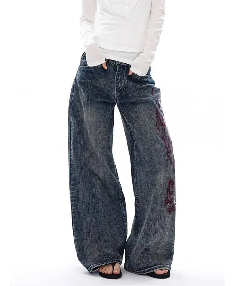 New Heavy Industry Embroidery Flower Fashion Versatile Jeans American Retro Y2k High Street Hot Girl Loose Wide Leg Floor Pants