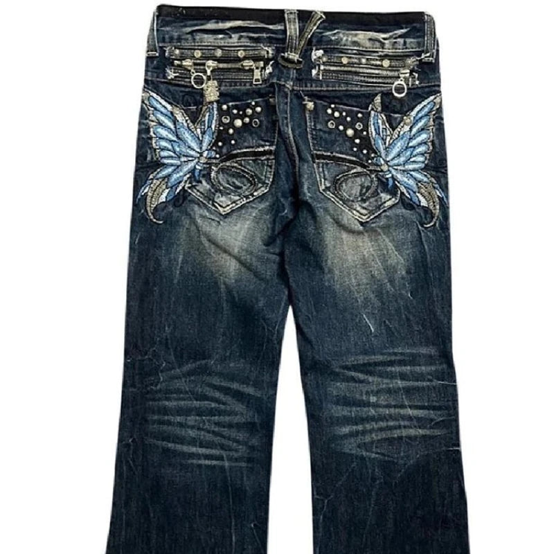 American Fashion High Street Large Size Butterfly Embroidered Women Jeans Y2K Millennium Harajuku Slim Flared Jeans