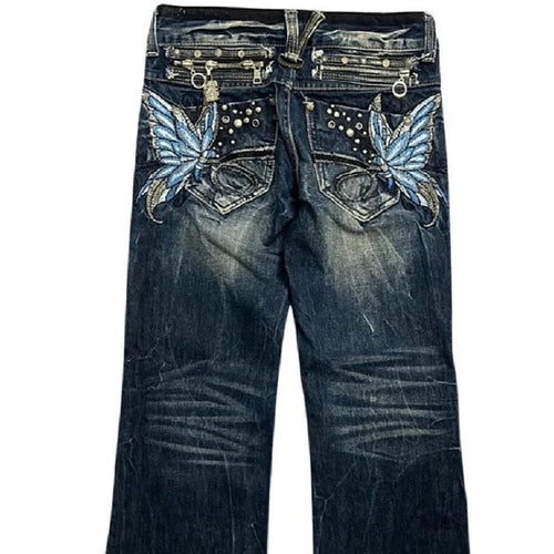 American Fashion High Street Large Size Butterfly Embroidered Women Jeans Y2K Millennium Harajuku Slim Flared Jeans