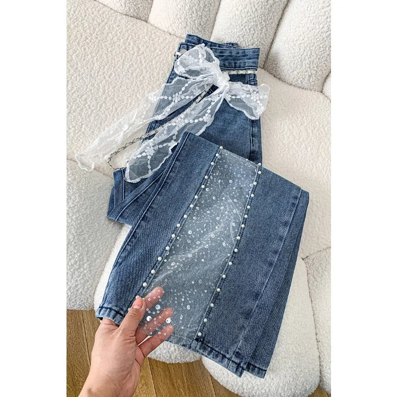 Women Jeans Pants Baggy Jeans Spring Flare Trousers Lace Applique Crystal Wide Leg Pearl Slit Distressed Design