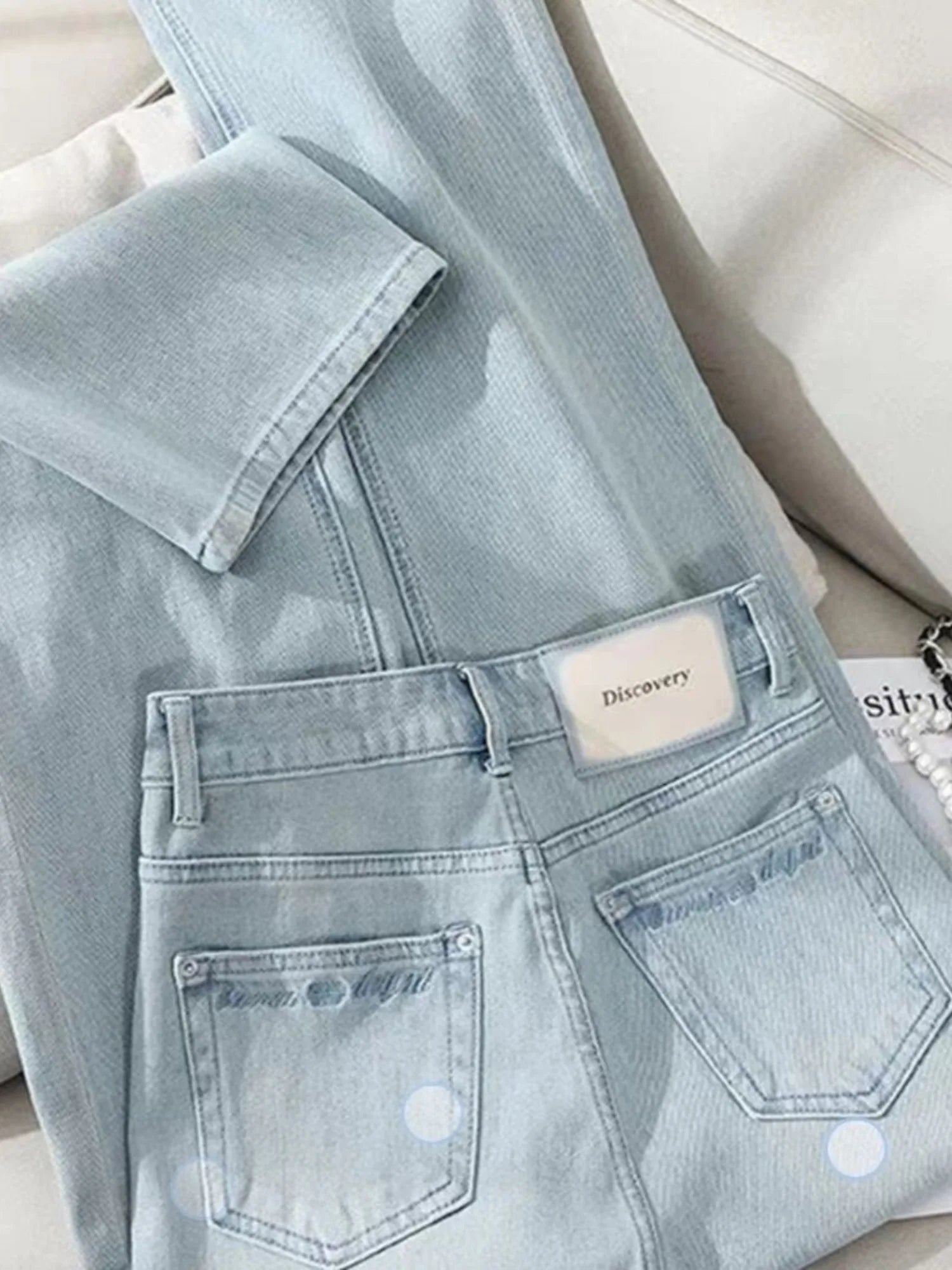 Women's Washed Denim Jeans Light Blue Distressed Straight Leg Pants Classic 5-Pocket Stretch Jeans