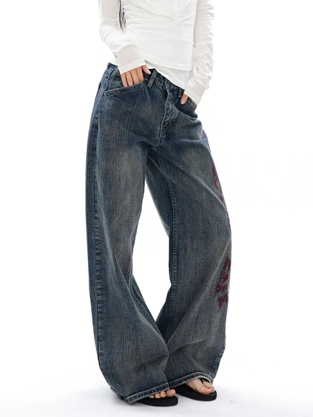 New Heavy Industry Embroidery Flower Fashion Versatile Jeans American Retro Y2k High Street Hot Girl Loose Wide Leg Floor Pants
