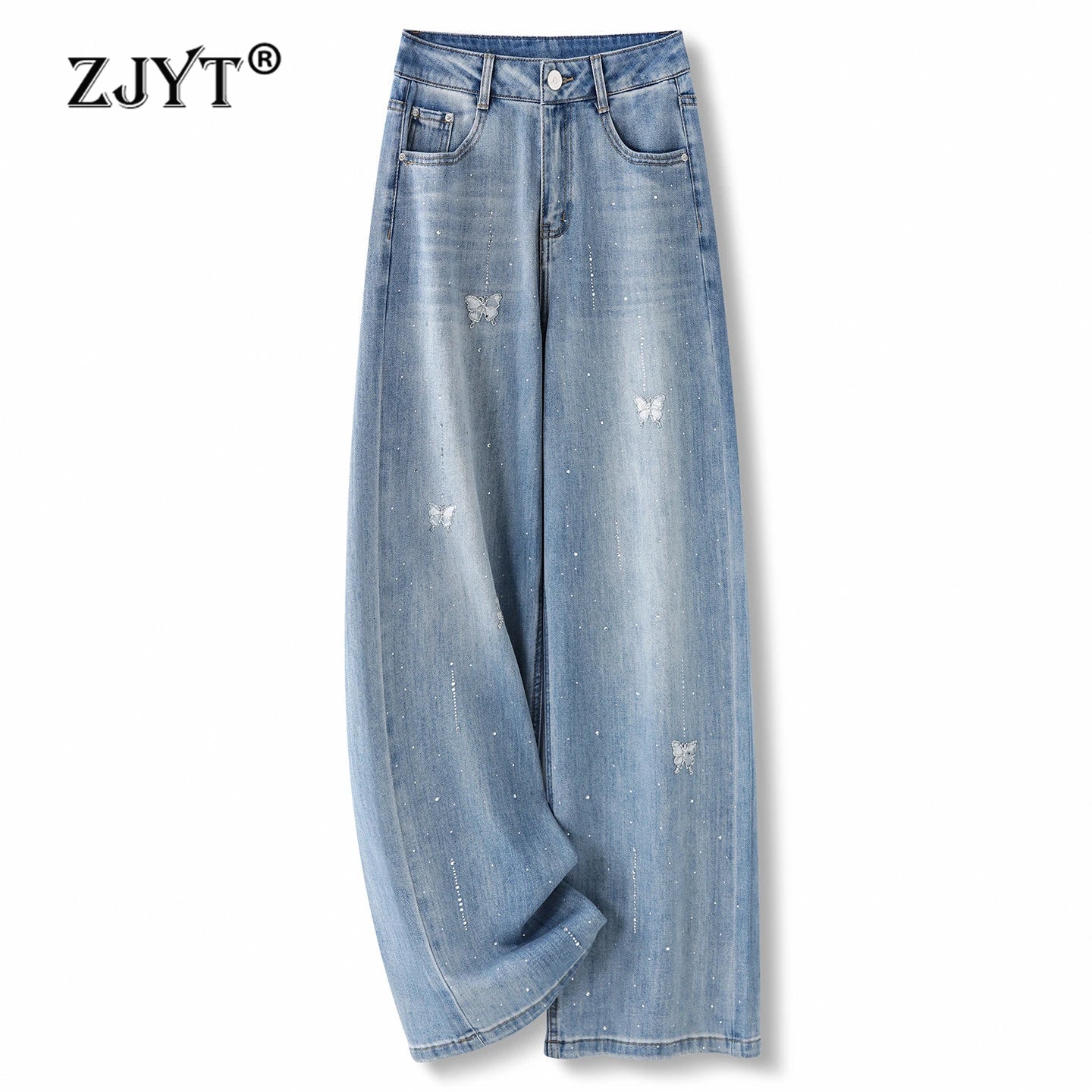 ZJYT Diamonds Wide Leg Jeans Women High Street Fashion Spring Summer Blue Denim Pants Trousers Casual Female Bottoms 2026 New